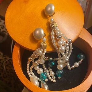 Elegant Pearl and Bead Dangle Clip on Earrings